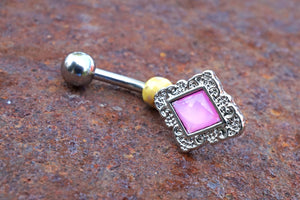 Pastel Pink Diamond Shaped Filigree Illuminating Stone Center 316L Surgical Steel Belly Button Navel Ring