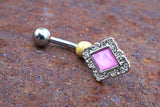 Pastel Pink Diamond Shaped Filigree Illuminating Stone Center 316L Surgical Steel Belly Button Navel Ring