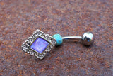 Light Purple Diamond Shaped Filigree Illuminating Stone Center 316L Surgical Steel Belly Button Navel Ring