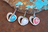 Crystal Paved Opal Heart Silver Belly Button Navel Rings