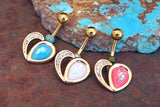 Crystal Paved Opal Heart Gold Belly Button Navel Rings