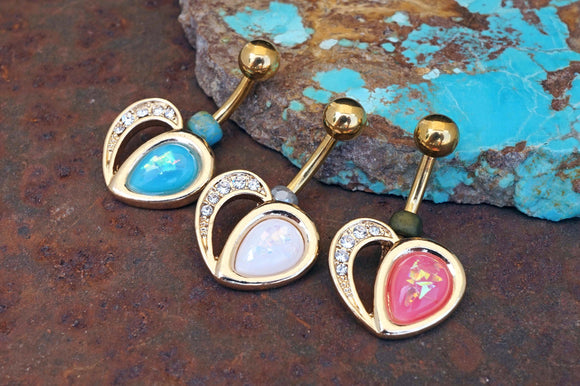 Crystal Paved Opal Heart Gold Belly Button Navel Rings