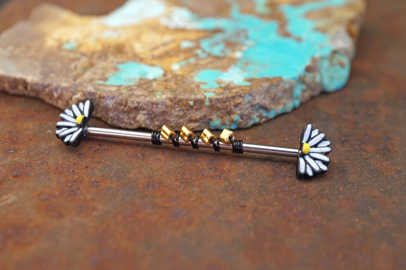 White Daisy Industrial Barbell Silver, Gold or Rose Gold, 14 Gauge