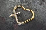 CZ Paved Cross Gold Heart Daith Earring Rook Piercing Hoop