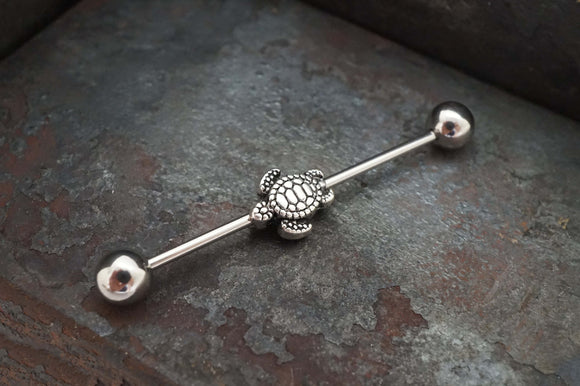 Silver Sea Turtle 16g Industrial Barbell Beaded Scaffold Piercing