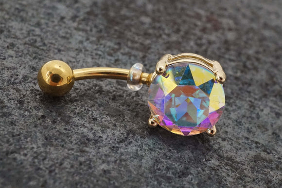 Round AB Aurora Borealis Yellow Gold Belly Ring - Gift Under 20