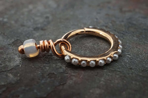 White Pearl Prong Set Rose Gold 16g Hinged Segment Hoop - Daith Earring Clicker - Rook Earring - Tragus Hoop