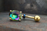 Rainbow CZ Crystal Yellow Gold Belly Ring