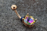 Rainbow CZ Round Crystal Rose Gold Belly Ring - Gift Under 20