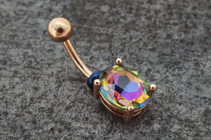 Rainbow CZ Round Crystal Rose Gold Belly Ring - Gift Under 20