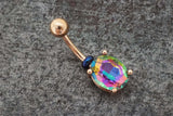 Rainbow CZ Round Crystal Rose Gold Belly Ring - Gift Under 20