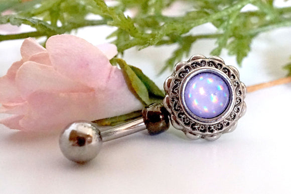 Purple Illuminating Stone Flower 316L Surgical Steel Belly Button Navel Ring