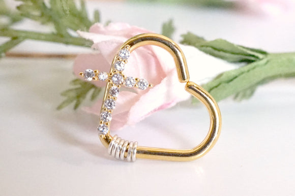 CZ Paved Cross Gold Heart Daith Earring Rook Piercing Hoop