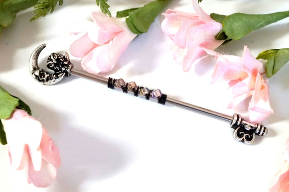 Owl and Moon Skeleton Key Industrial Barbell Scaffold Piercing