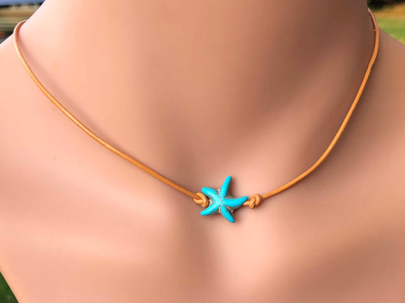 Turquoise Starfish Gemstone Choker Necklace on Leather