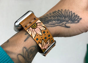 Ready To Ship - 38mm Watch Band with Sunflowers Tooled Leather