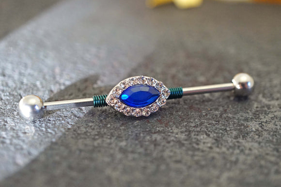 Marquise Sapphire Blue Crystal 14g or 16g Gauge Industrial Barbell Piercing