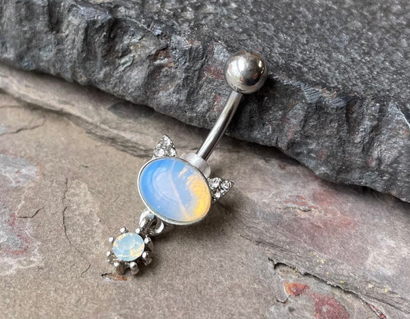 Opalite Crystal Kitty Cat Silver Belly Button Ring