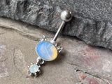 Opalite Crystal Kitty Cat Silver Belly Button Ring