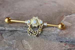 Sunburst with Chains and Opalite Yellow Gold Industrial Barbell 14g 16g Scaffold