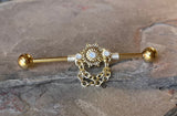 Sunburst with Chains and Opalite Yellow Gold Industrial Barbell 14g 16g Scaffold