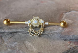 Sunburst with Chains and Opalite Yellow Gold Industrial Barbell 14g 16g Scaffold
