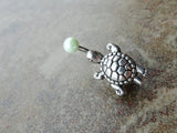 Silver Turtle Belly Button Ring Light Green Pearl Jewelry