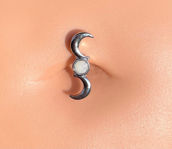 Silver Sun and Moon Phases Opalite Belly Button Ring