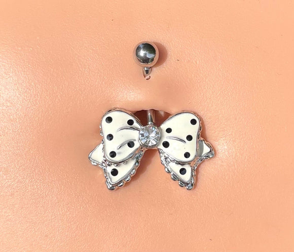 Polka Dot White Bow Belly Button Ring Jewelry