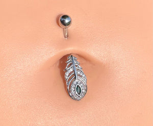 Peacock Feather Silver Belly Button Ring Navel Ring