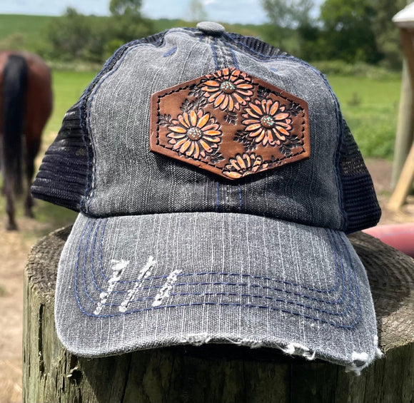 Distressed Black Hat with Tooled Leather Flowers Patch Hat