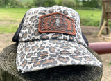 Leopard Print Hat with Tooled Leather Flower Patch and Bull Cow Skull Hat Ponytail Bun Hat