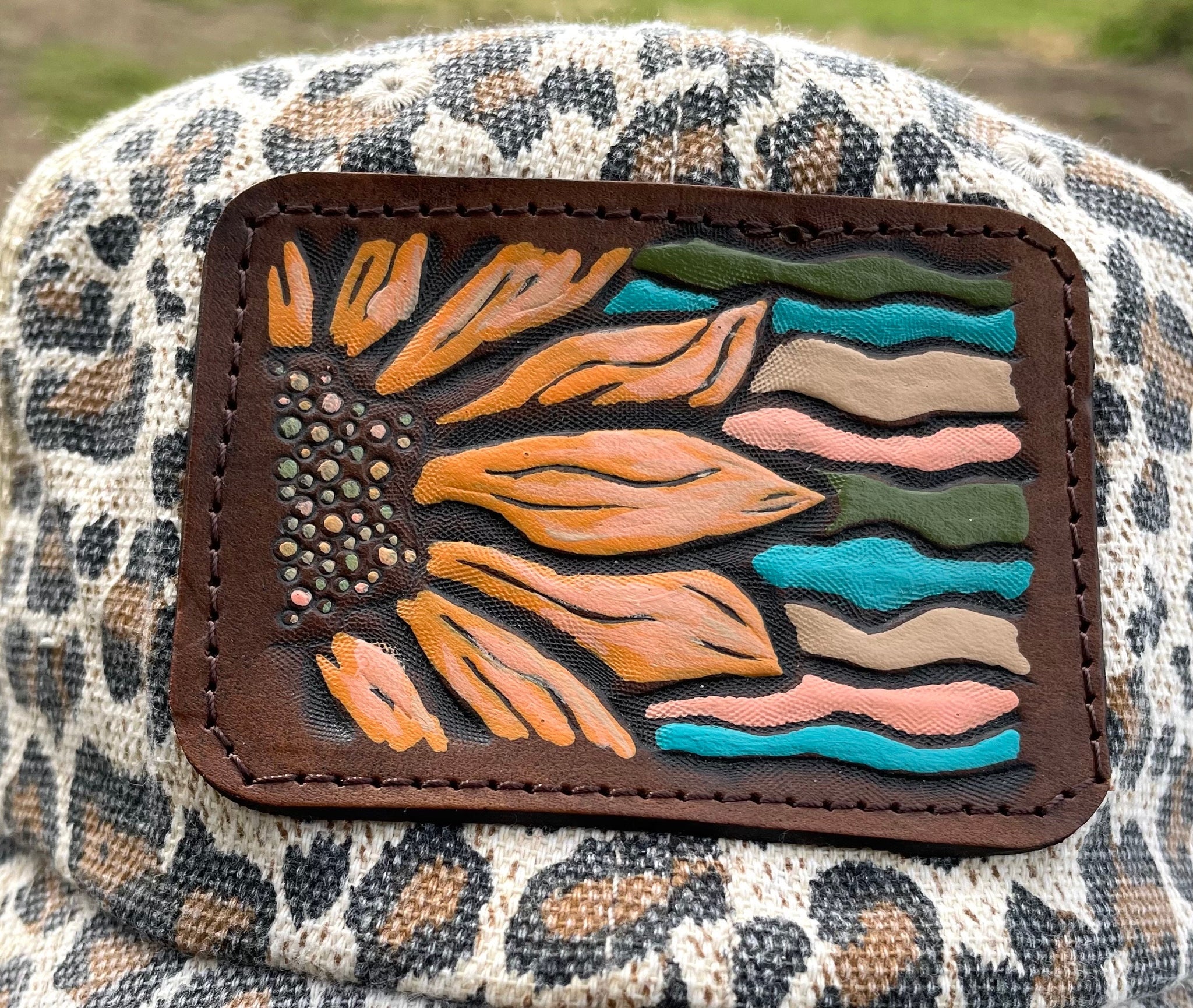 Leopard Print Women\'s Hat with Sunflower Accent Leopard Sunflower Burned Hat, Vegan Suede Men Women Western  main image 2