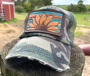 Distressed Army Camo Trucker Hat with Tooled Leather Flower Patch Hat Ponytail Bun Hat