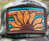 Distressed Army Camo Trucker Hat with Tooled Leather Flower Patch Hat Ponytail Bun Hat