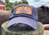 Distressed Navy Blue Trucker Hat with Tooled Leather Flower Patch Hat Ponytail Bun Hat