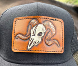 Black Trucker Hat with Tooled Leather Ram Skull Patch Hat