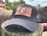 Black Trucker Hat with Tooled Leather Ram Skull Patch Hat