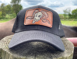 Black Trucker Hat with Tooled Leather Ram Skull Patch Hat