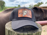 Black Trucker Hat with Tooled Leather Ram Skull Patch Hat