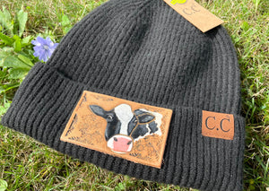 Holstein Cow Tooled Leather Black Beanie Hat Unisex Winter Hat