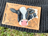 Holstein Cow Tooled Leather Black Beanie Hat Unisex Winter Hat