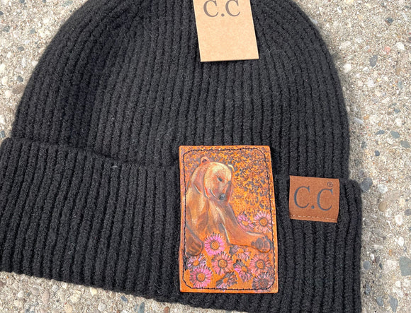 Brown Bear and Flowers Tooled Leather Black Beanie Hat Unisex Winter Hat