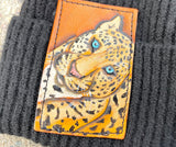 Leopard Tooled Leather Black Beanie Hat Unisex Winter Hat