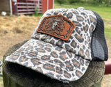 Leopard Print Hat with Tooled Leather Flower Patch and Bull Cow Skull Hat Ponytail Bun Hat