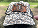 Leopard Print Hat with Tooled Leather Flower Patch and Bull Cow Skull Hat Ponytail Bun Hat