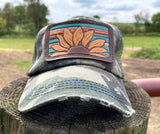 Distressed Army Camo Trucker Hat with Tooled Leather Flower Patch Hat Ponytail Bun Hat