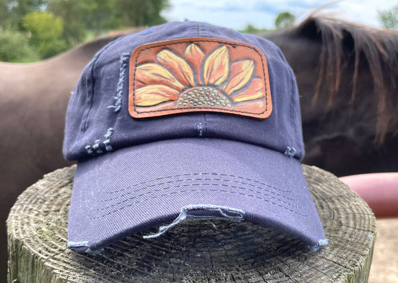 Distressed Navy Blue Trucker Hat with Tooled Leather Flower Patch Hat Ponytail Bun Hat