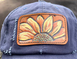 Distressed Navy Blue Trucker Hat with Tooled Leather Flower Patch Hat Ponytail Bun Hat