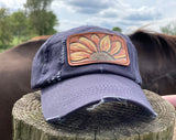 Distressed Navy Blue Trucker Hat with Tooled Leather Flower Patch Hat Ponytail Bun Hat